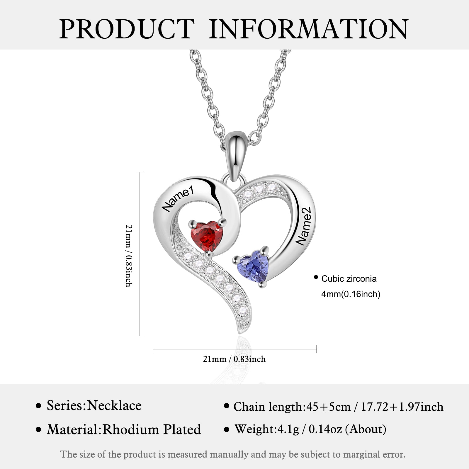 Custom Heart Pendant Necklace in white gold plating, featuring a personalized heart pendant, adjustable chain, and lightweight design.