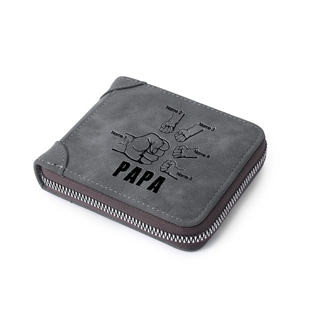 Custom Leather Men Wallet in gray PU leather, featuring a personalized design and compact size.