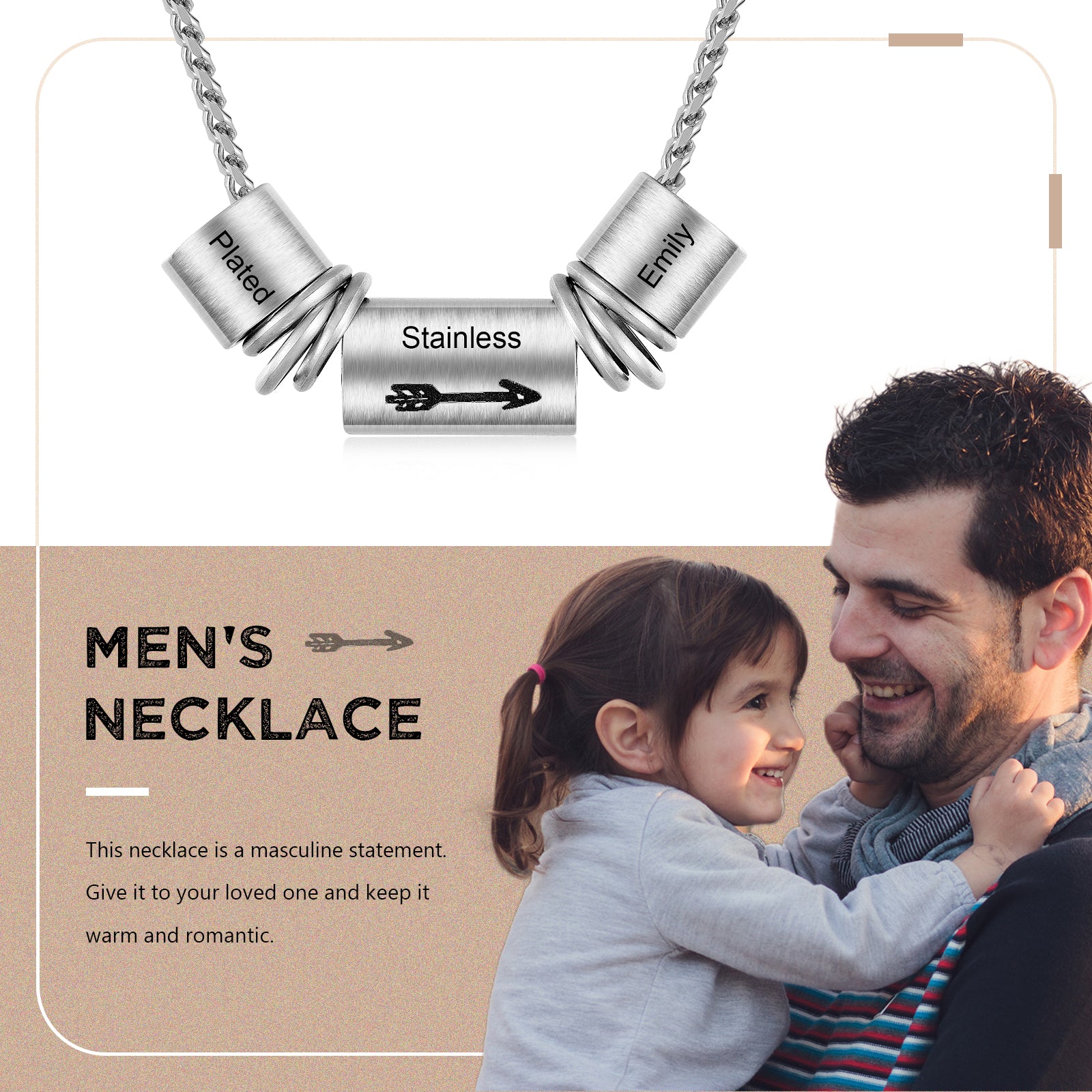 Custom Men's Necklace made of stainless steel with a personalized design, featuring a 60cm chain.