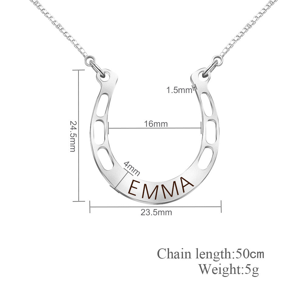 Custom Name American Lucky Horseshoe Wishing Necklace made of stainless steel, featuring a horseshoe pendant symbolizing luck.