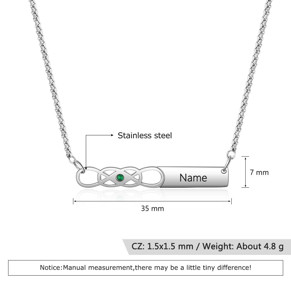 Custom Name Bar Birthstone Necklace made of stainless steel, featuring a personalized name bar and a birthstone, elegantly displayed on a soft background.