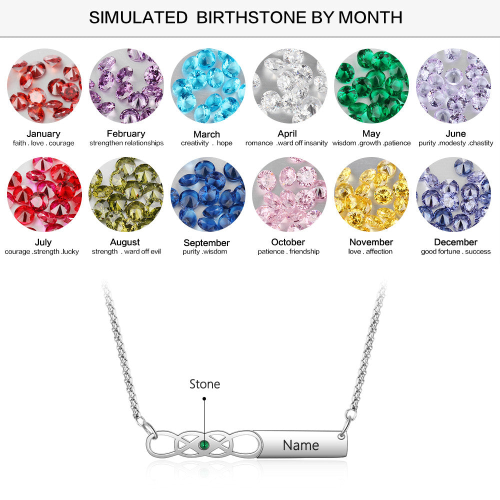 Custom Name Bar Birthstone Necklace made of stainless steel, featuring a personalized name bar and a birthstone, elegantly displayed on a soft background.