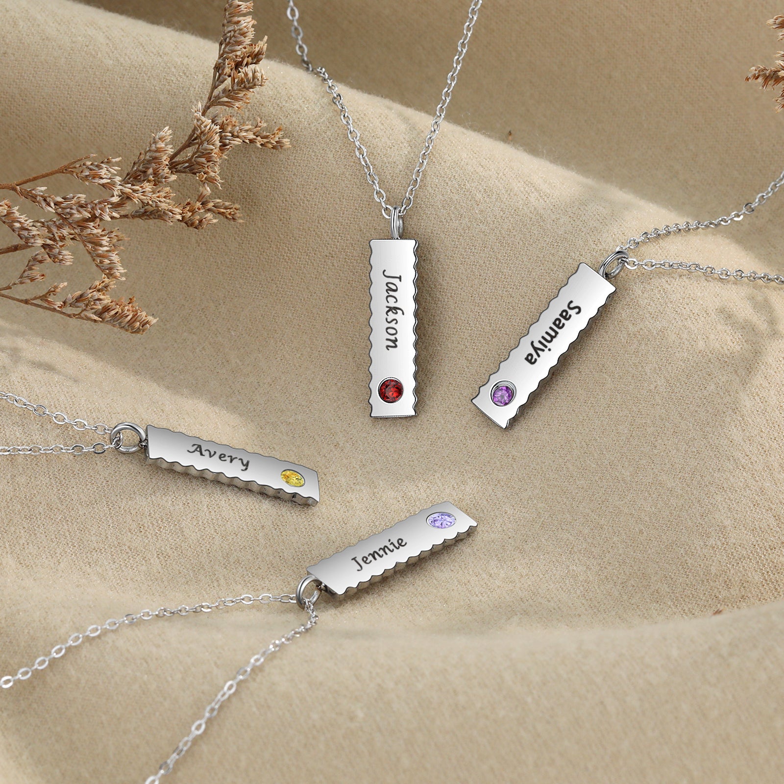 Custom Name Birthstone Necklace featuring stainless steel with personalized name and birthstone options, elegantly displayed.