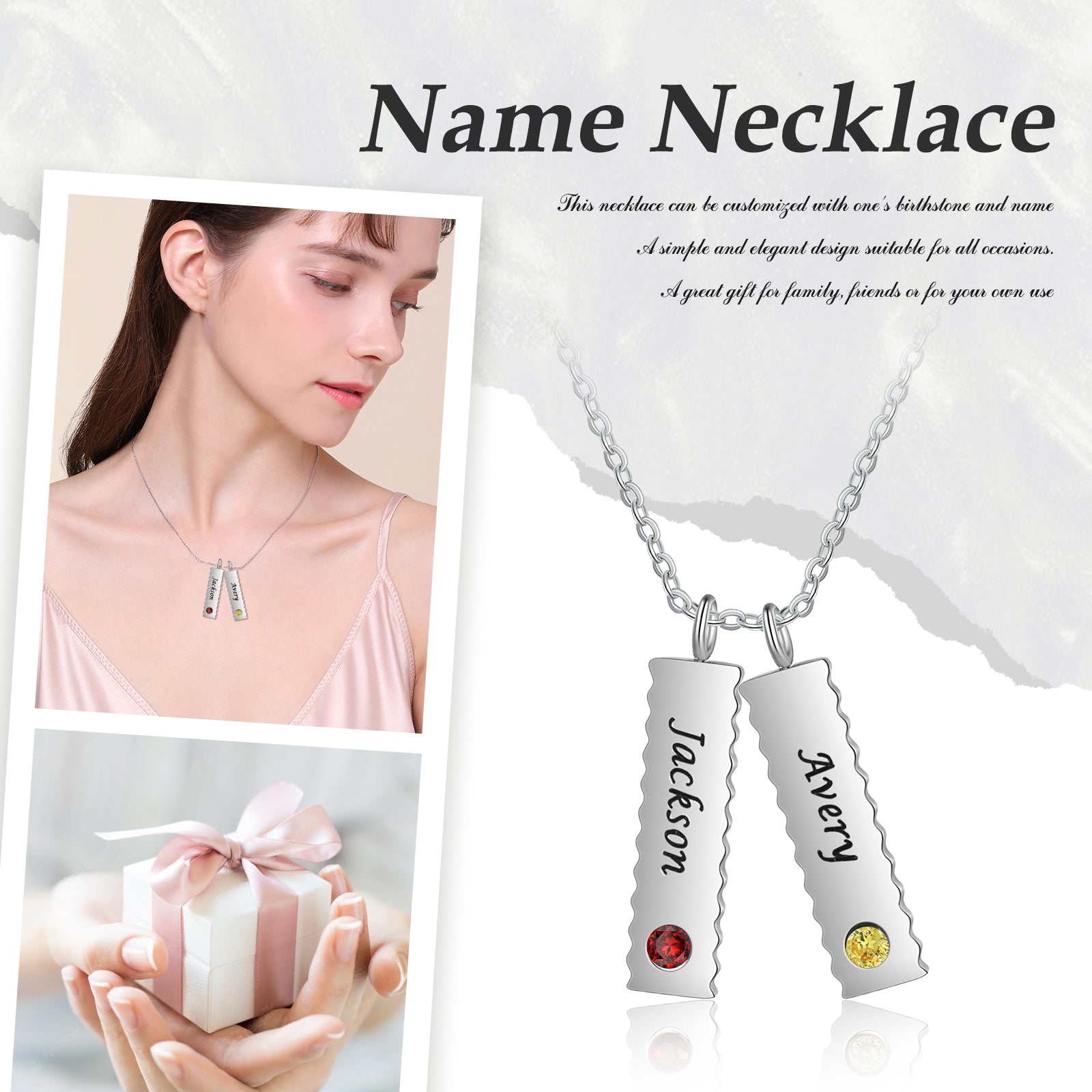 Custom Name Birthstone Necklace featuring stainless steel with personalized name and birthstone options, elegantly displayed.