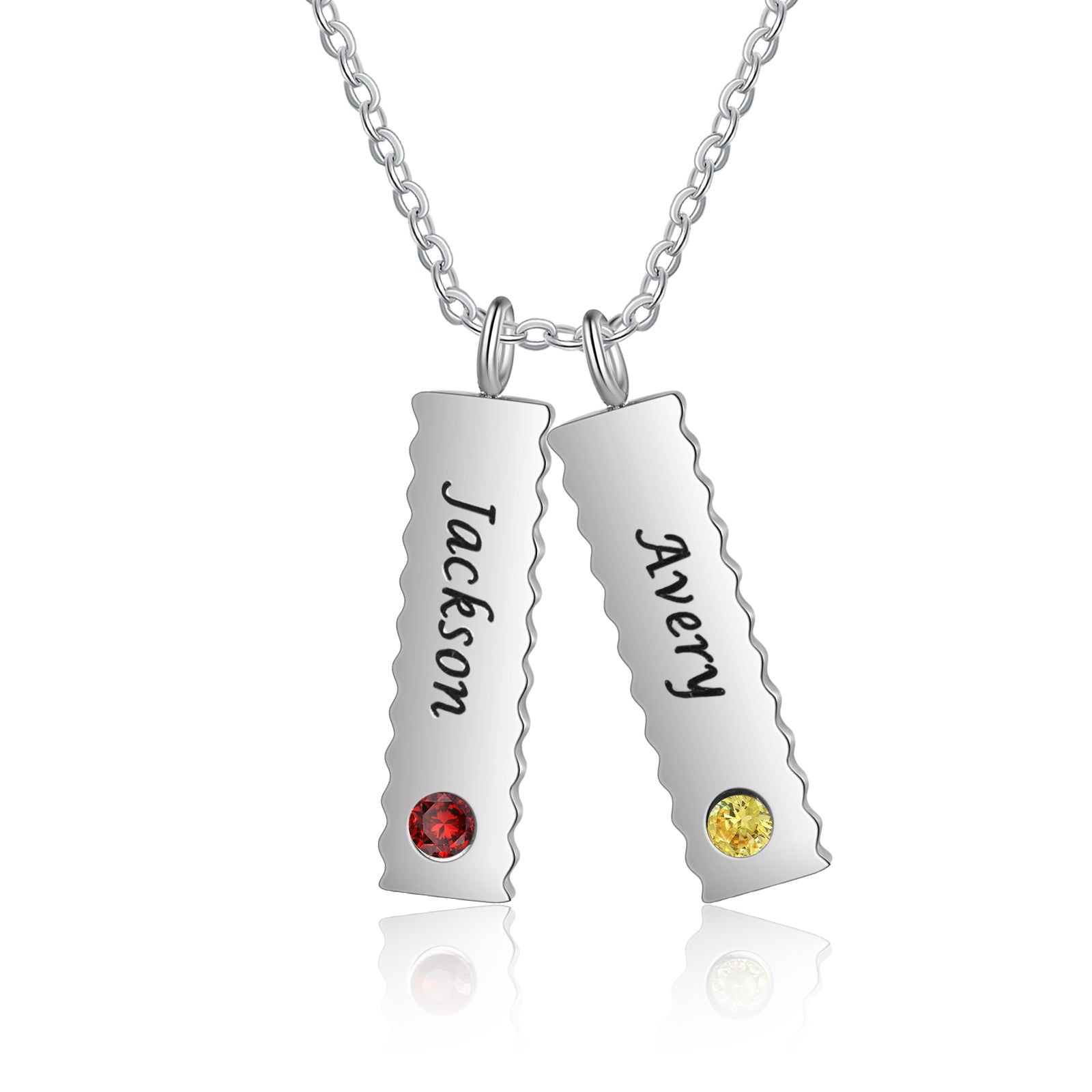 Custom Name Birthstone Necklace featuring stainless steel with personalized name and birthstone options, elegantly displayed.