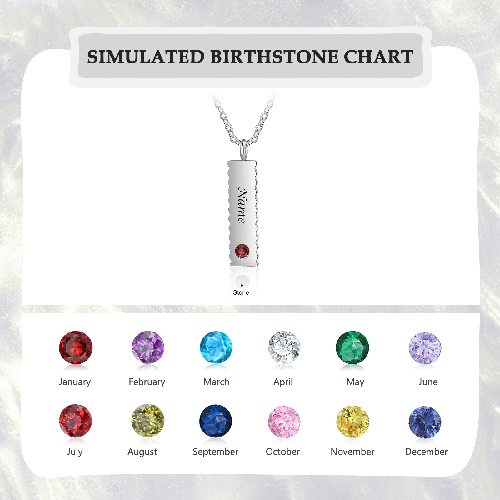 Custom Name Birthstone Necklace featuring stainless steel with personalized name and birthstone options, elegantly displayed.