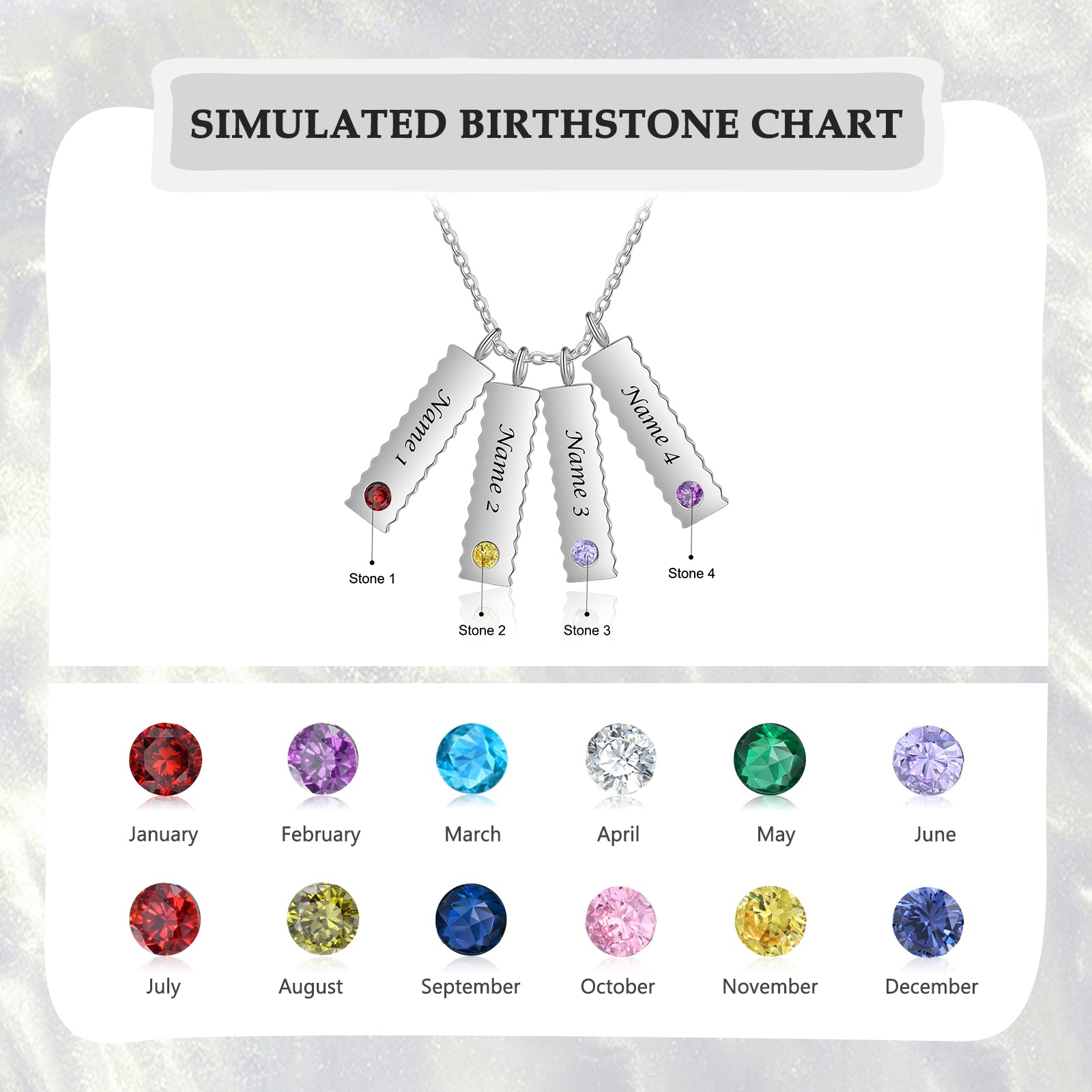 Custom Name Birthstone Necklace featuring stainless steel with personalized name and birthstone options, elegantly displayed.