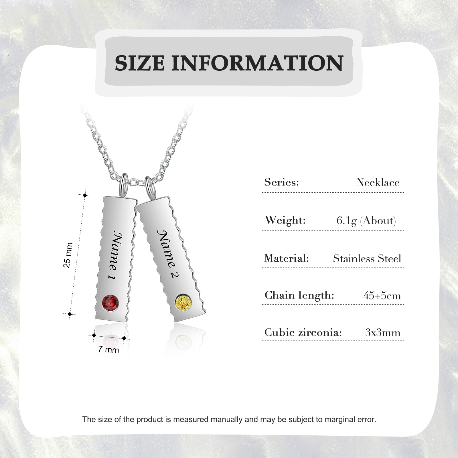 Custom Name Birthstone Necklace featuring stainless steel with personalized name and birthstone options, elegantly displayed.