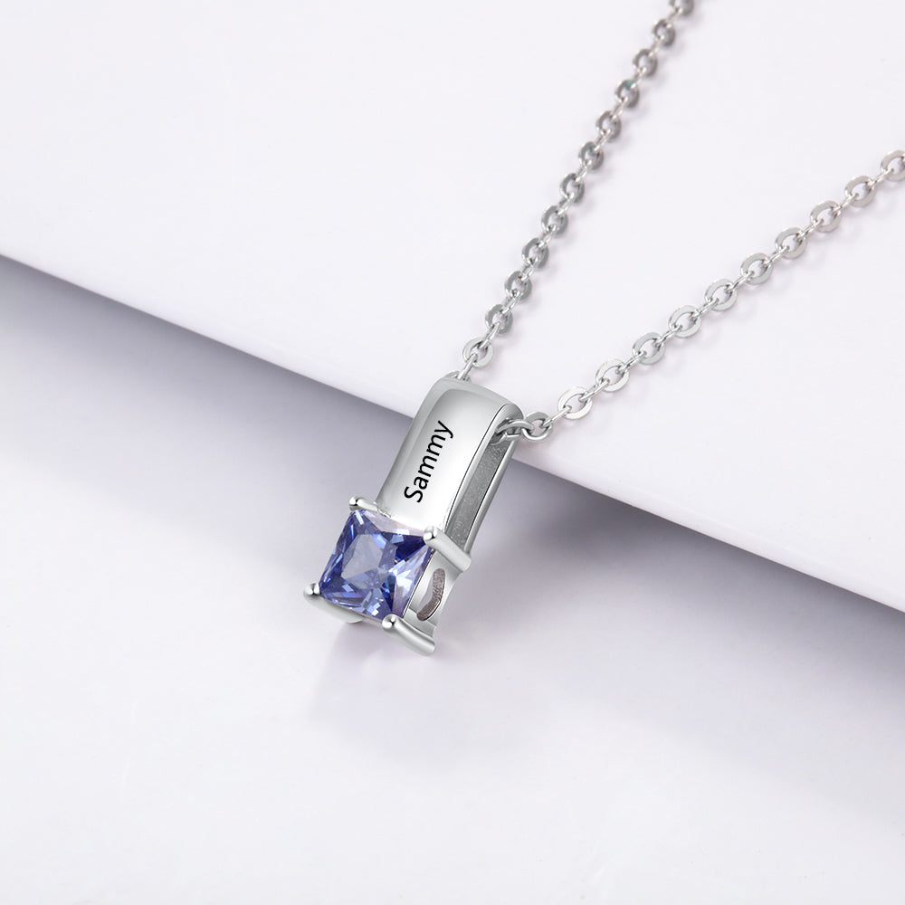 Custom Name Birthstone Pendant Necklace featuring personalized engraving and a colorful birthstone.