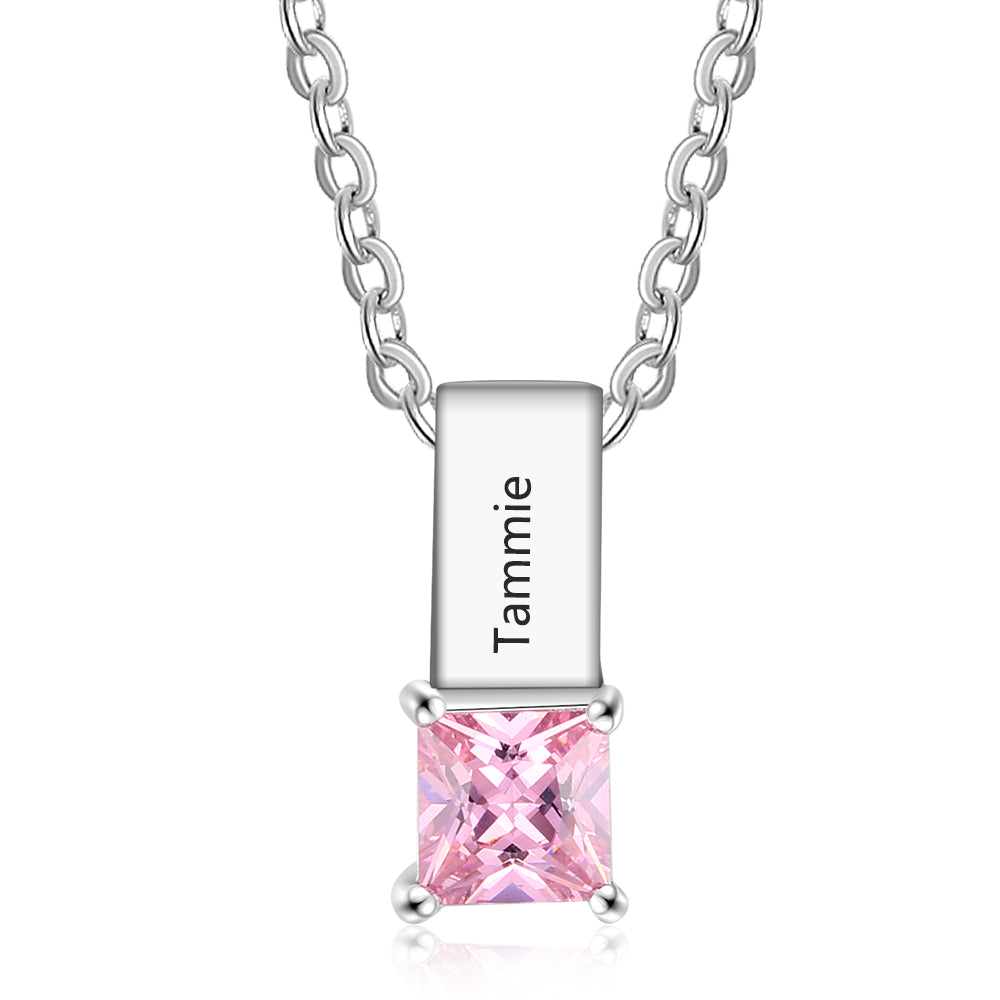 Custom Name Birthstone Pendant Necklace featuring personalized engraving and a colorful birthstone.