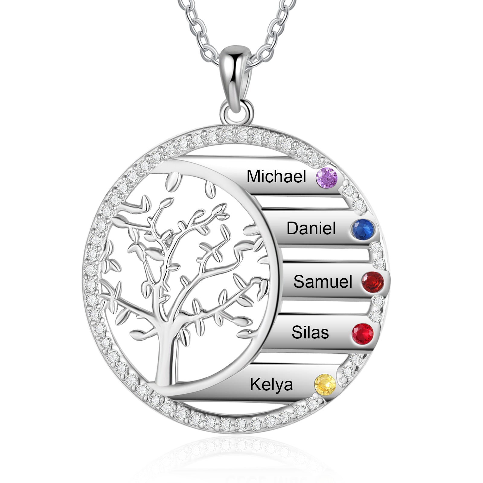 Custom Name Birthstone Necklace featuring Tree of Life design, handmade from copper, showcasing personalized name and birthstone.