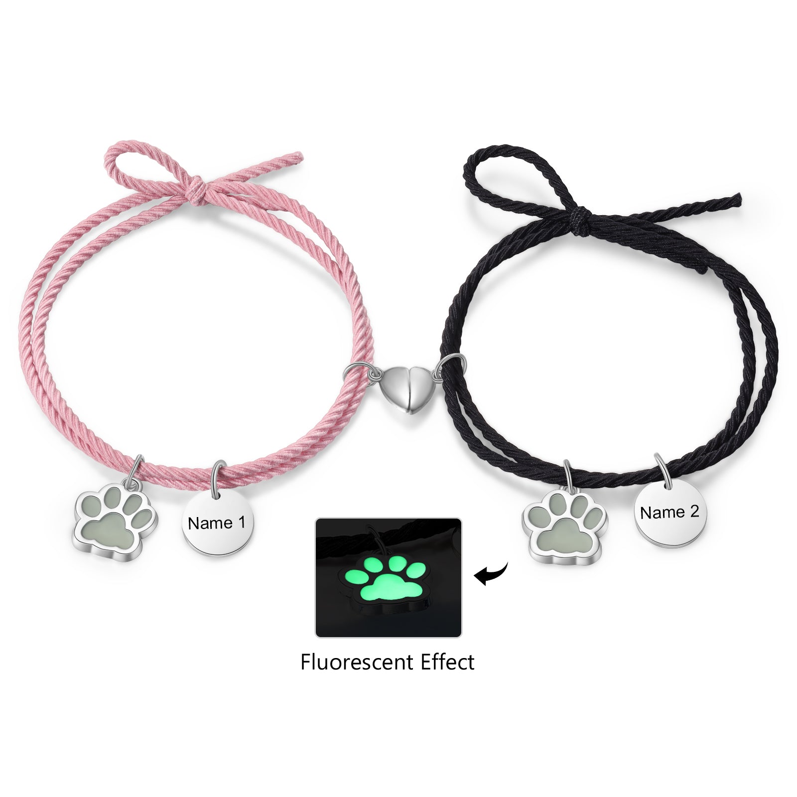 Custom Name Couple Luminous Braided Bracelet in various colors with personalized engraving options.