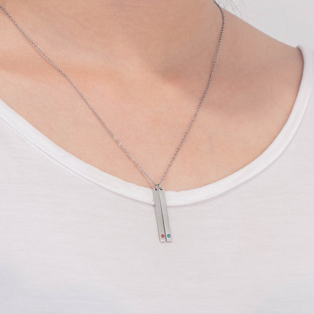 Custom Name Engraving Stainless Steel Bar Necklace with personalized engraving, showcasing its sleek design and adjustable chain.