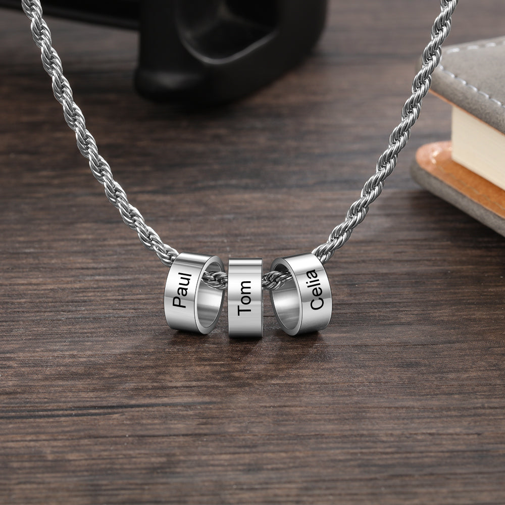 Custom name engraving stainless steel charm bead necklace with a 60cm chain, showcasing personalized design and high-quality craftsmanship.