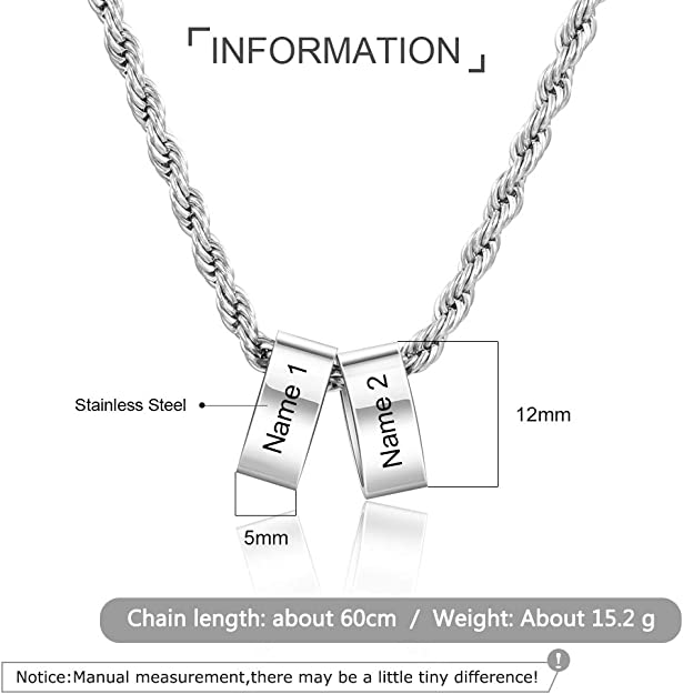 Custom name engraving stainless steel charm bead necklace with a 60cm chain, showcasing personalized design and high-quality craftsmanship.