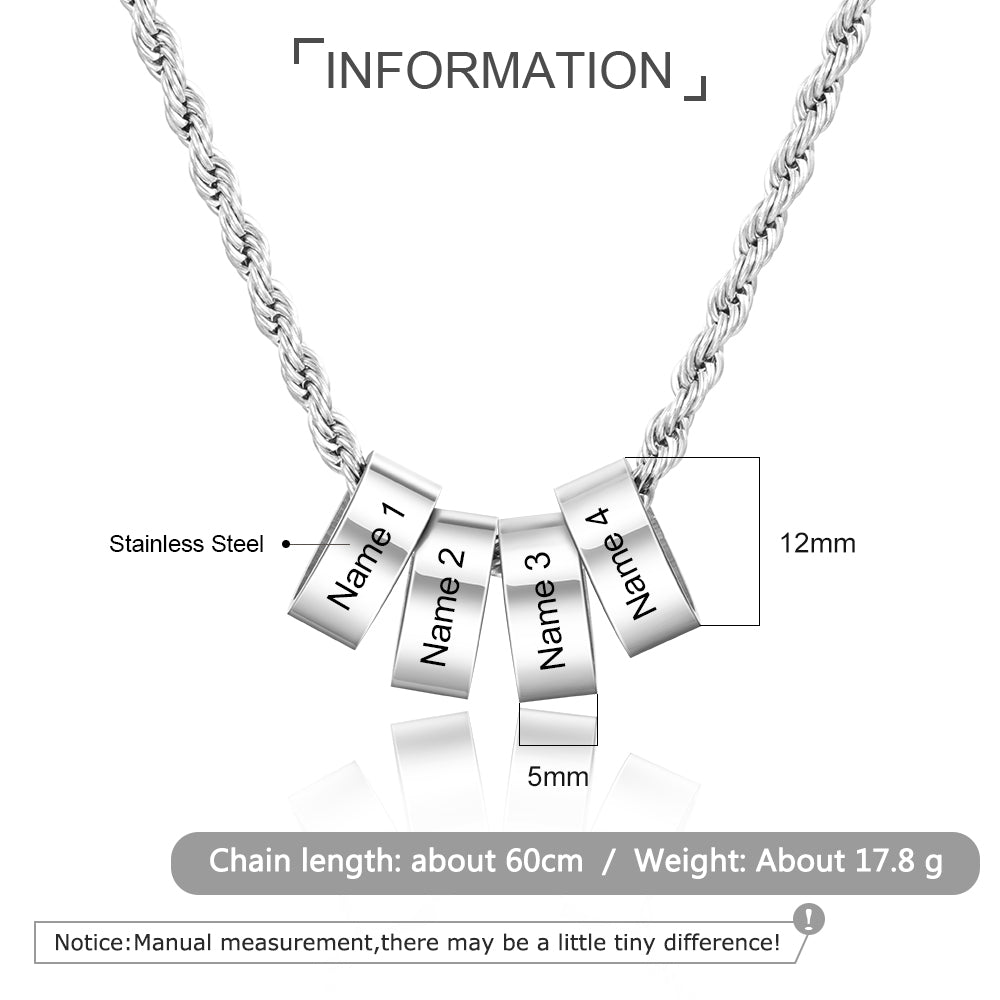 Custom name engraving stainless steel charm bead necklace with a 60cm chain, showcasing personalized design and high-quality craftsmanship.