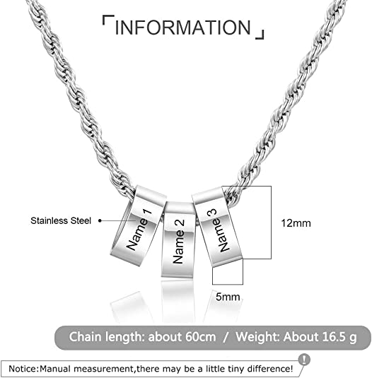 Custom name engraving stainless steel charm bead necklace with a 60cm chain, showcasing personalized design and high-quality craftsmanship.