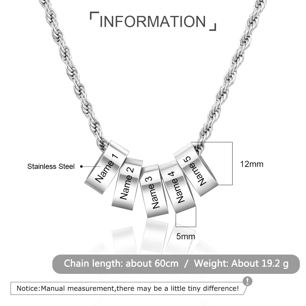 Custom name engraving stainless steel charm bead necklace with a 60cm chain, showcasing personalized design and high-quality craftsmanship.