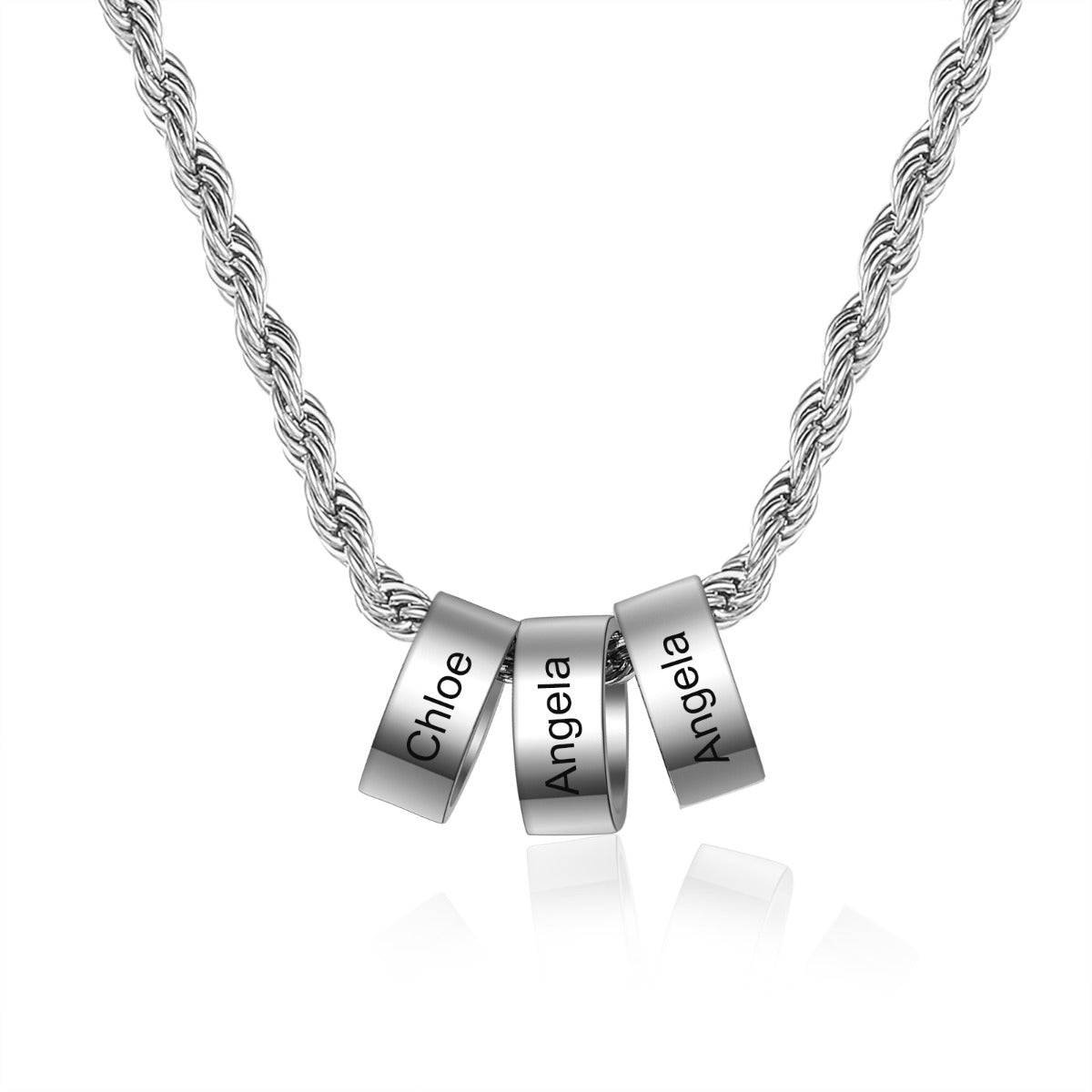 Custom name engraving stainless steel charm bead necklace with a 60cm chain, showcasing personalized design and high-quality craftsmanship.