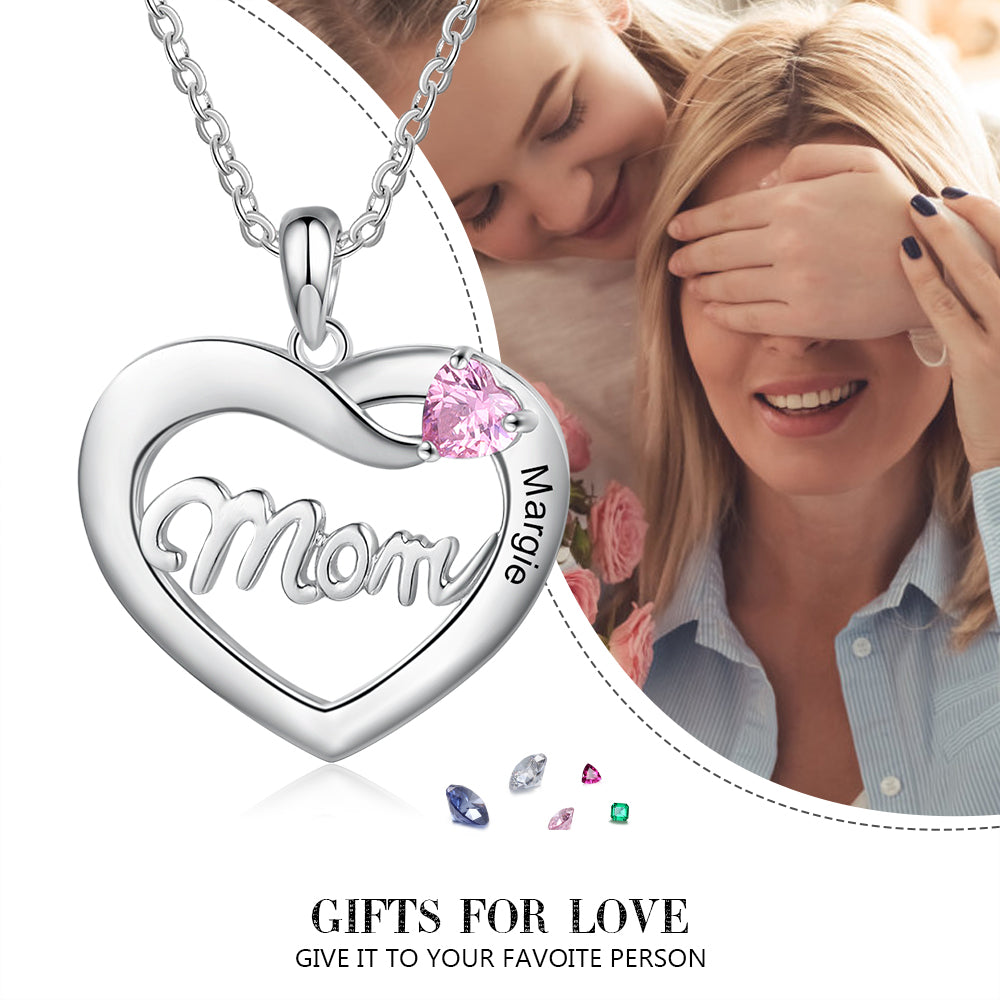 Custom Name Heart With Mom Necklace in rhodium plated copper, featuring a personalized name engraving.