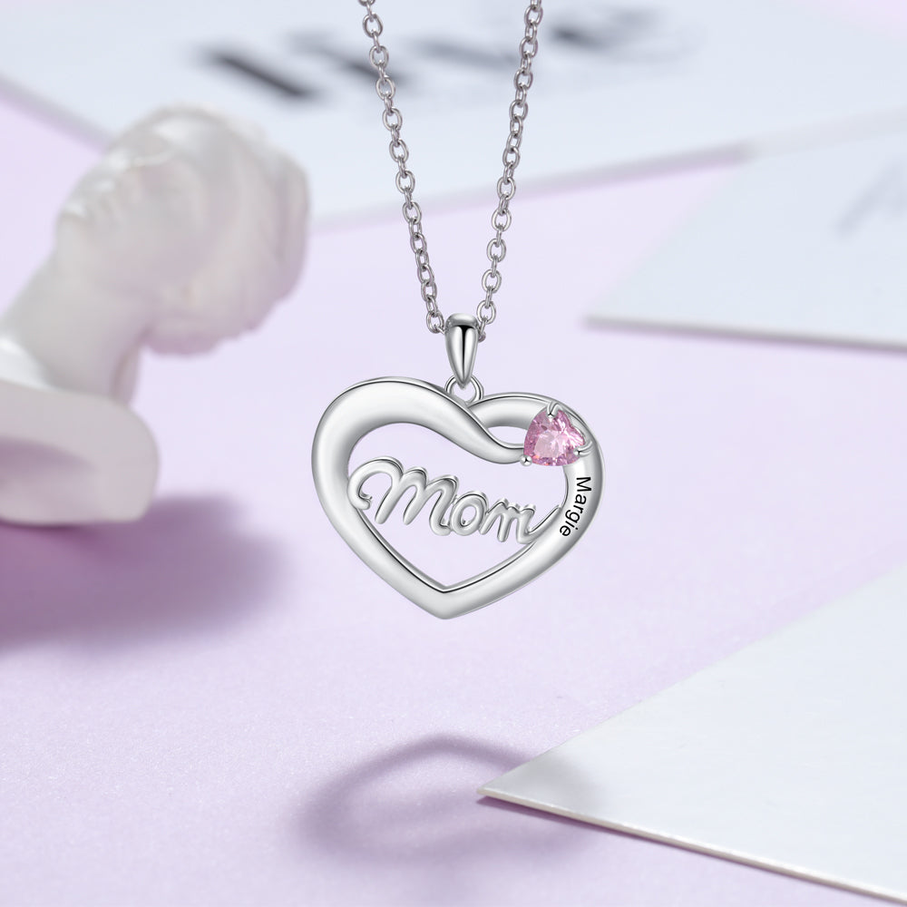 Custom Name Heart With Mom Necklace in rhodium plated copper, featuring a personalized name engraving.