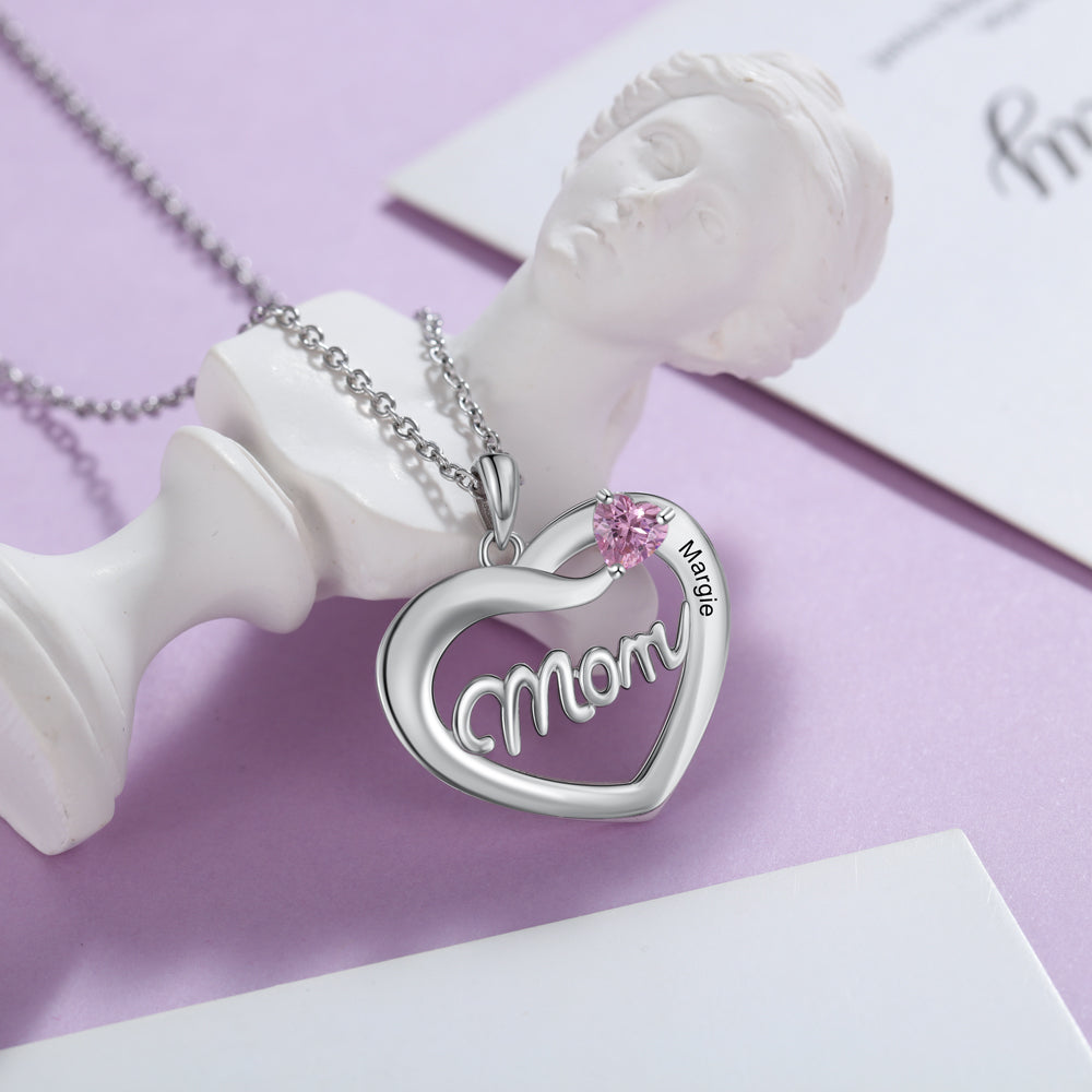 Custom Name Heart With Mom Necklace in rhodium plated copper, featuring a personalized name engraving.