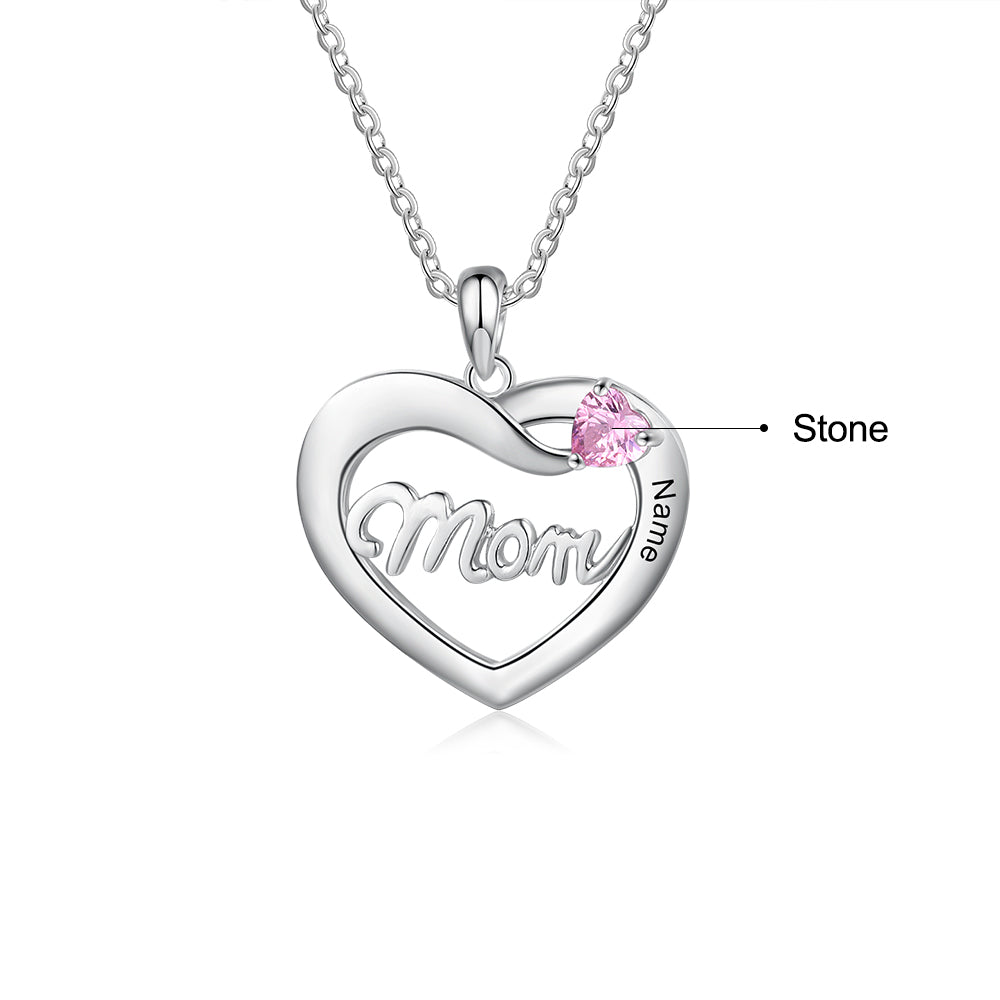 Custom Name Heart With Mom Necklace in rhodium plated copper, featuring a personalized name engraving.