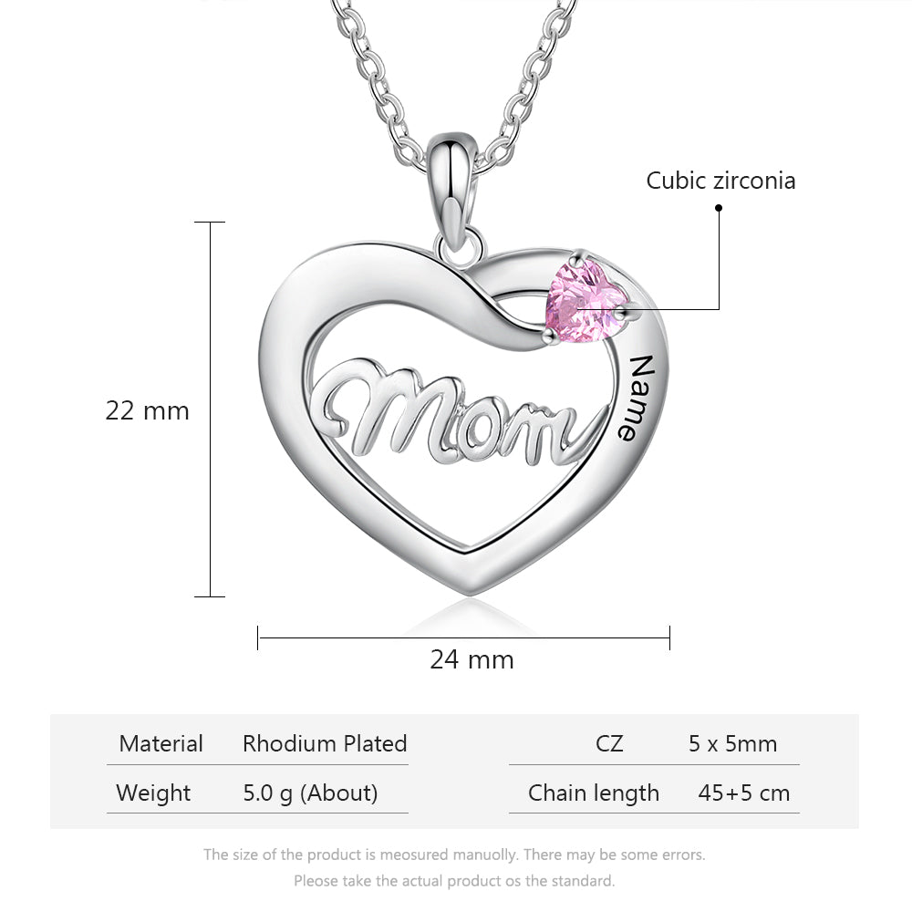 Custom Name Heart With Mom Necklace in rhodium plated copper, featuring a personalized name engraving.