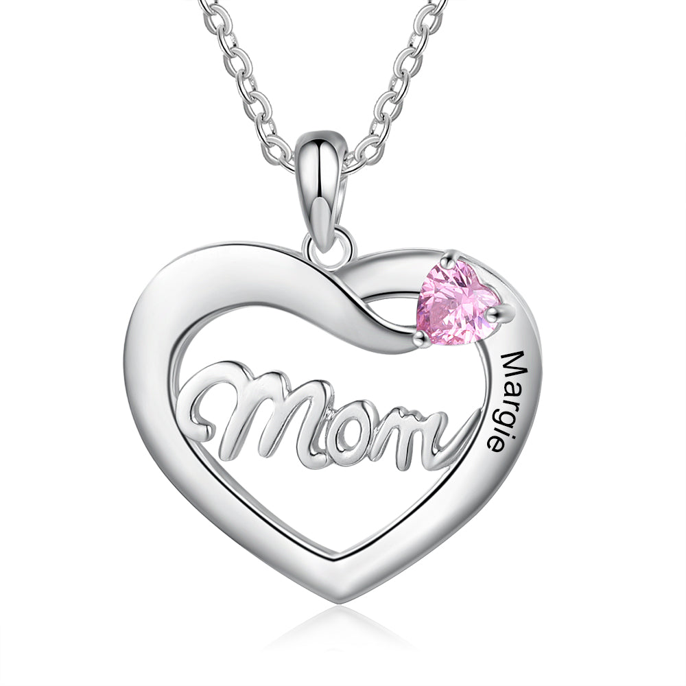 Custom Name Heart With Mom Necklace in rhodium plated copper, featuring a personalized name engraving.