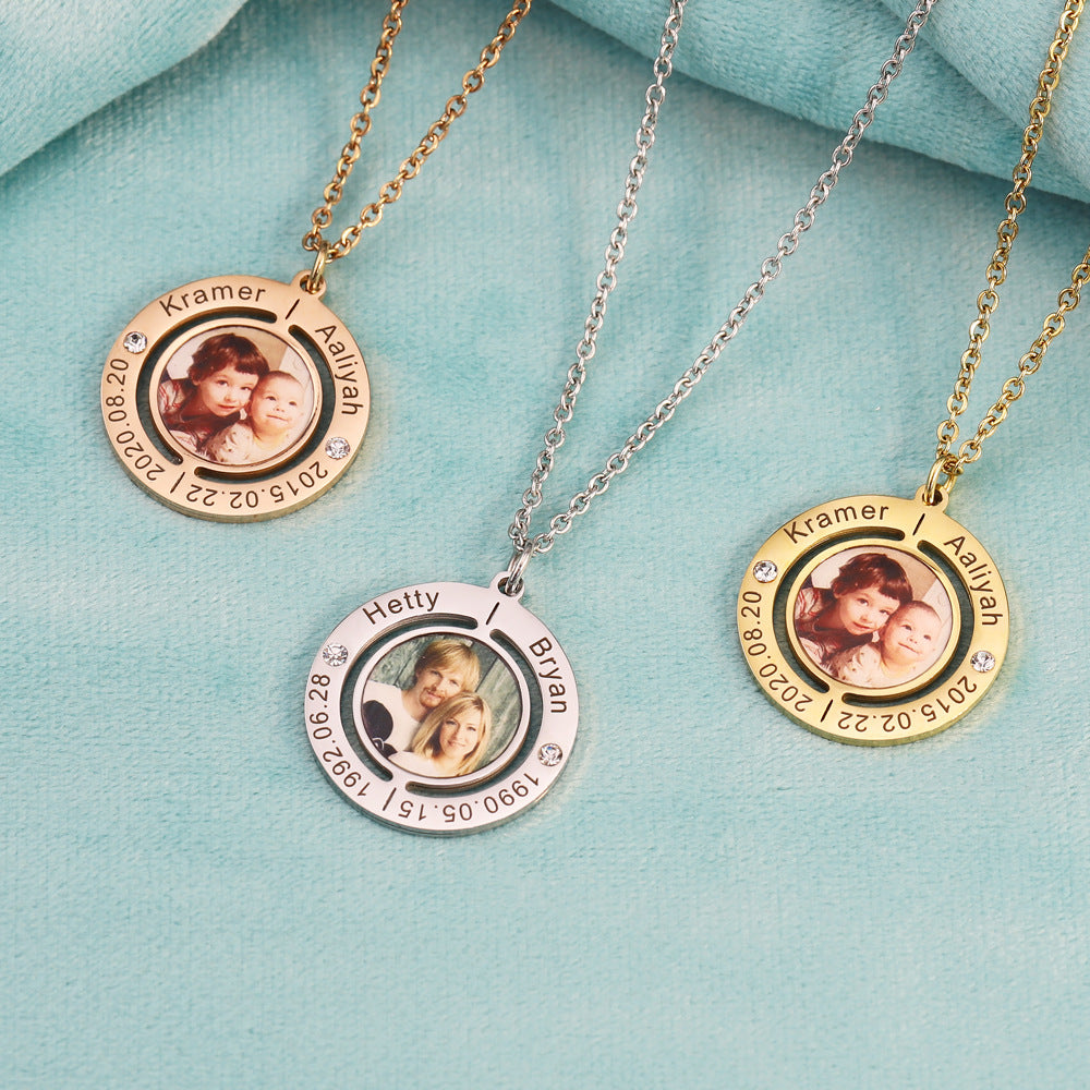 Custom Name Inner Circle Printed Photo Necklace made of stainless steel, featuring a personalized inner circle design.