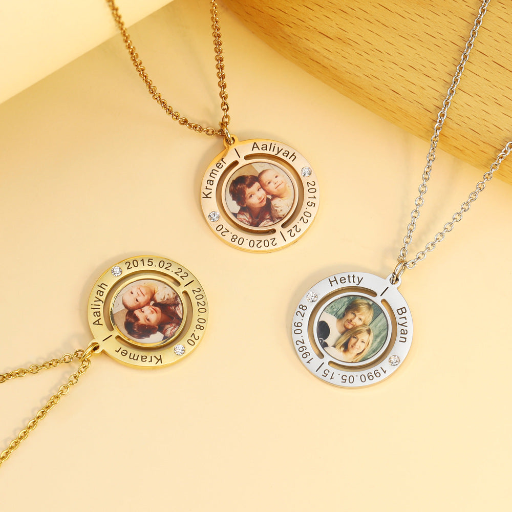 Custom Name Inner Circle Printed Photo Necklace made of stainless steel, featuring a personalized inner circle design.