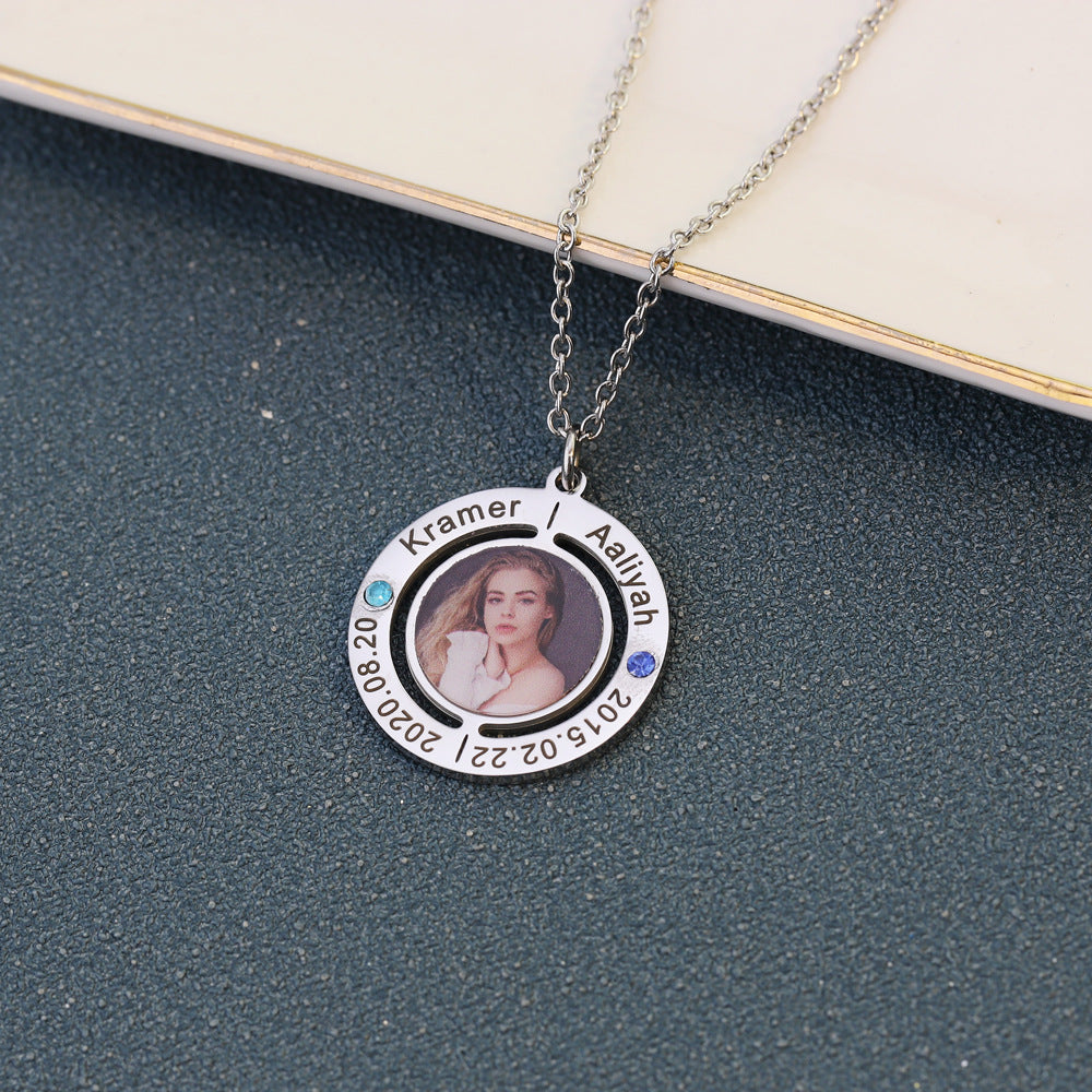 Custom Name Inner Circle Printed Photo Necklace made of stainless steel, featuring a personalized inner circle design.