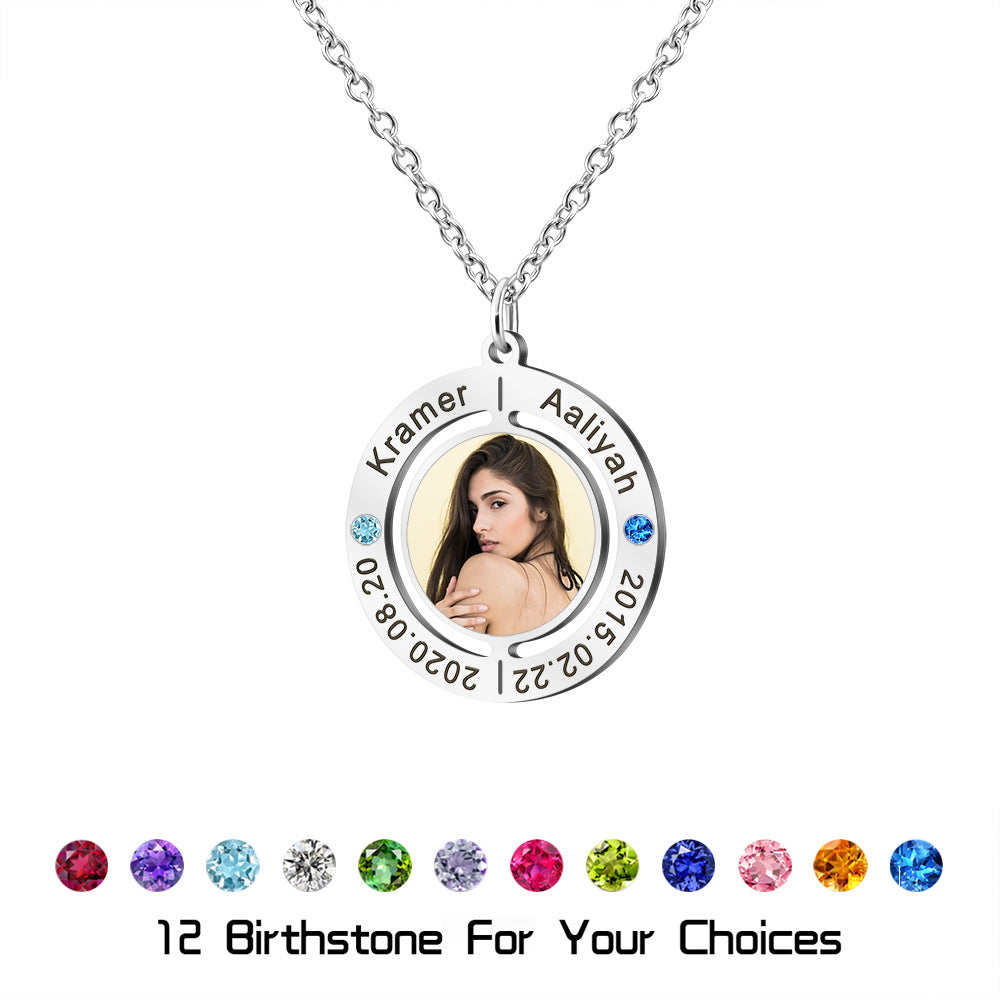 Custom Name Inner Circle Printed Photo Necklace made of stainless steel, featuring a personalized inner circle design.