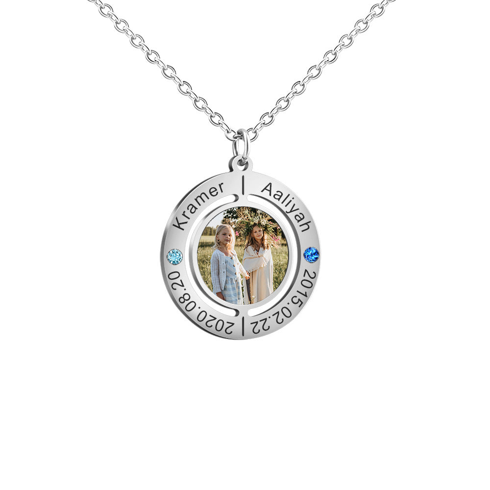 Custom Name Inner Circle Printed Photo Necklace made of stainless steel, featuring a personalized inner circle design.