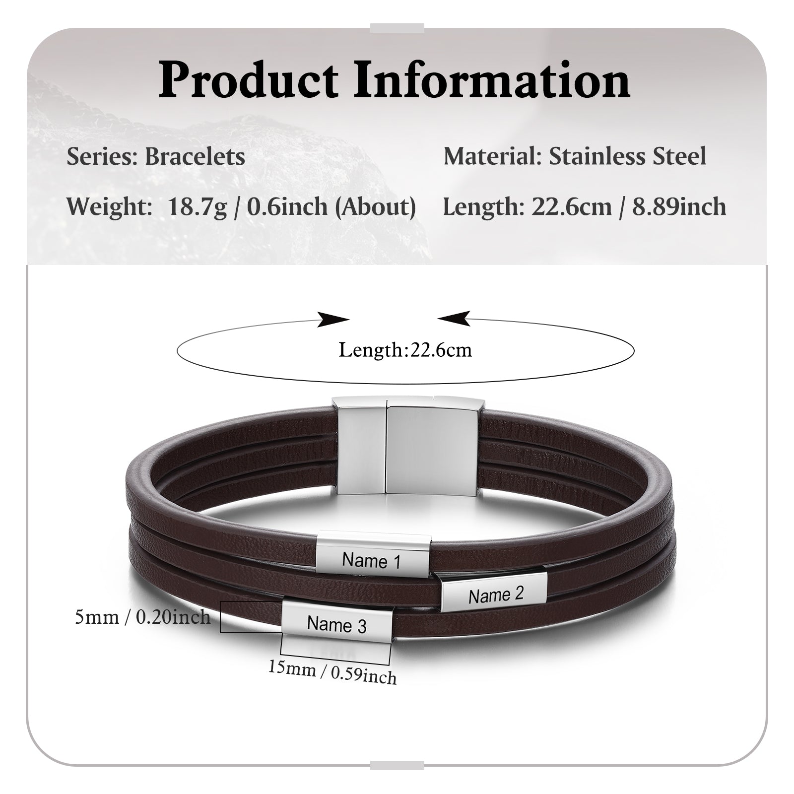 Custom Name Leather Bracelet in black with stainless steel accents, showcasing personalized name engraving.