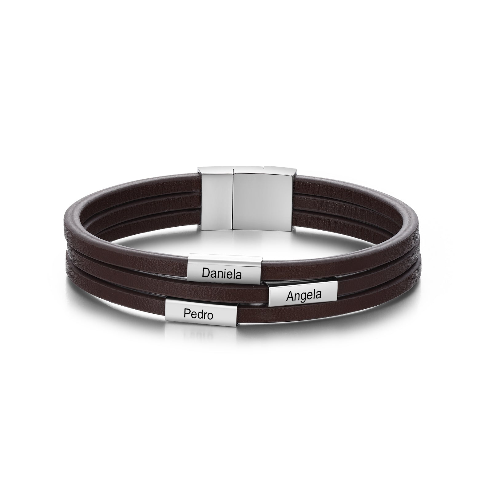 Custom Name Leather Bracelet in black with stainless steel accents, showcasing personalized name engraving.