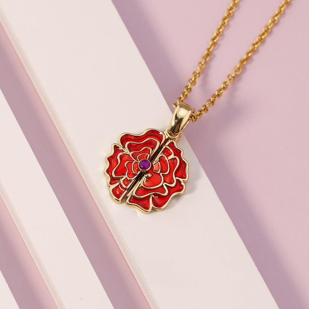 Custom Name Red Rose Necklace made of stainless steel, featuring a delicate red rose design, tarnish-resistant and hypoallergenic.