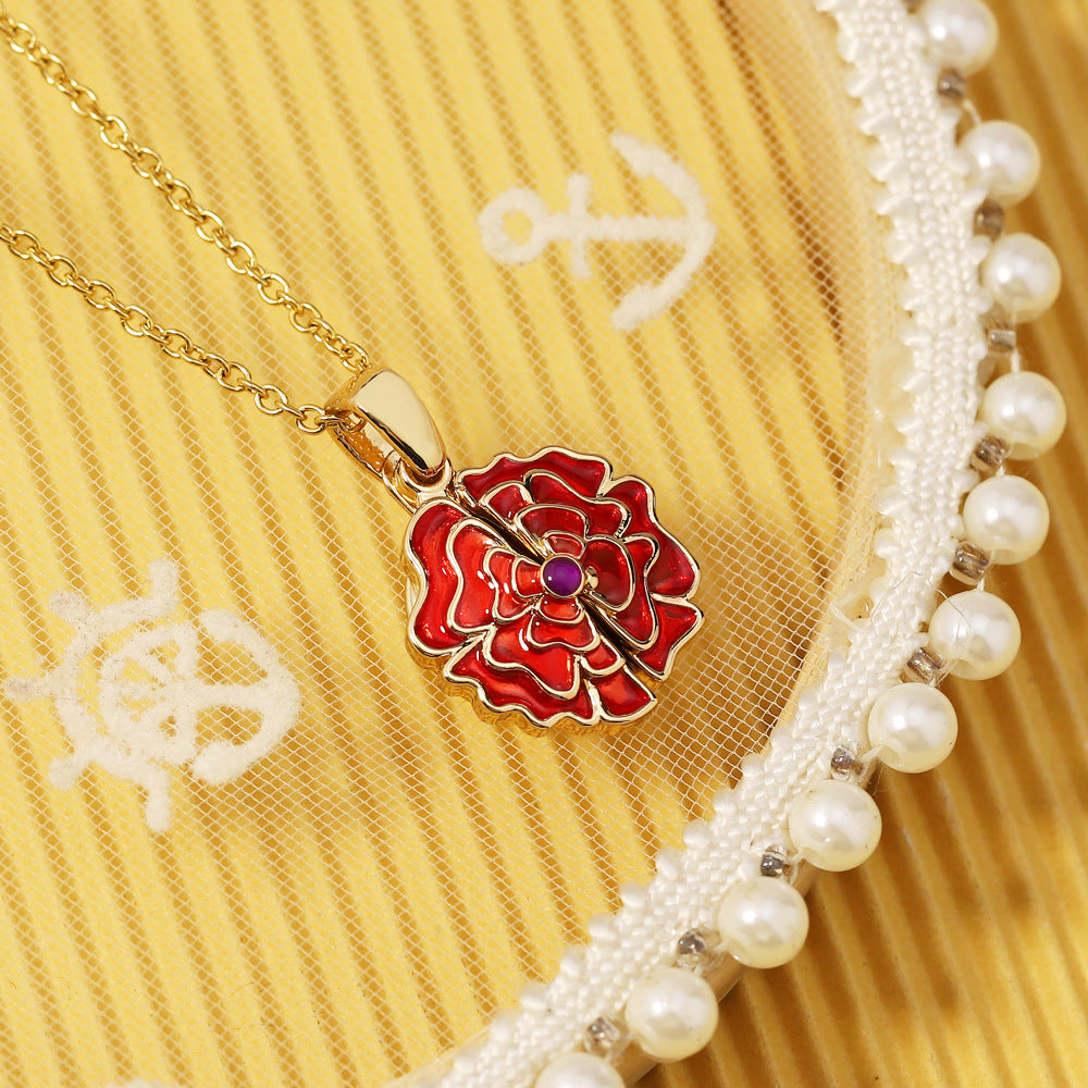 Custom Name Red Rose Necklace made of stainless steel, featuring a delicate red rose design, tarnish-resistant and hypoallergenic.