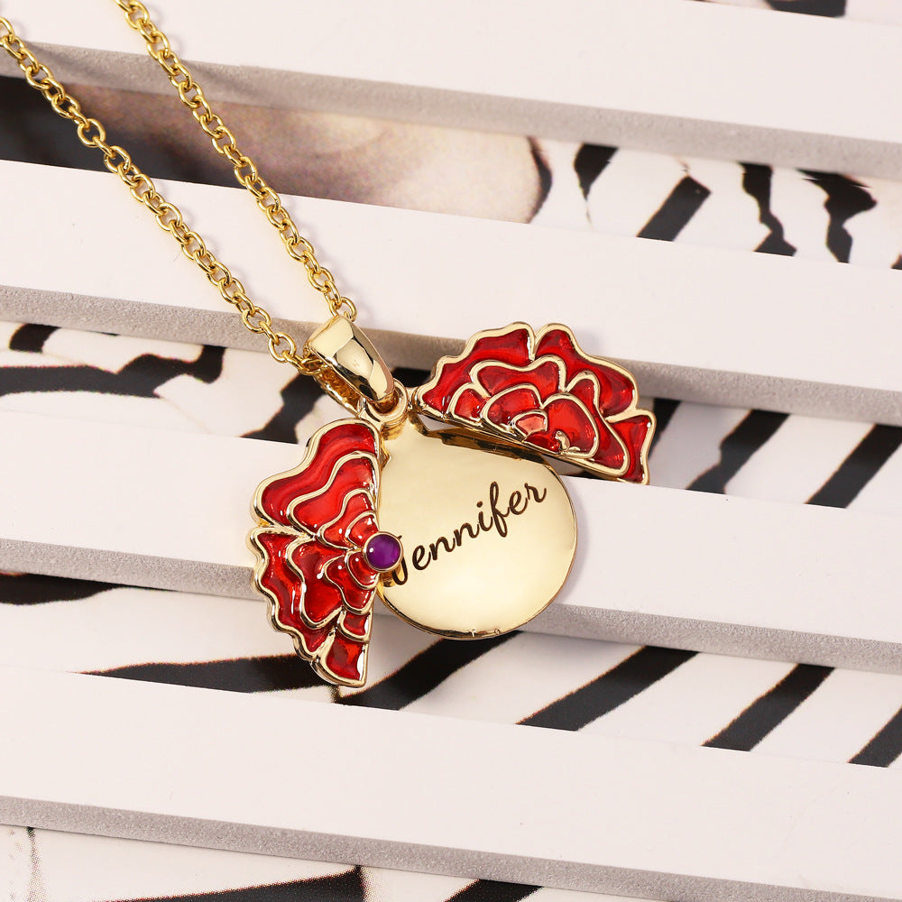 Custom Name Red Rose Necklace made of stainless steel, featuring a delicate red rose design, tarnish-resistant and hypoallergenic.