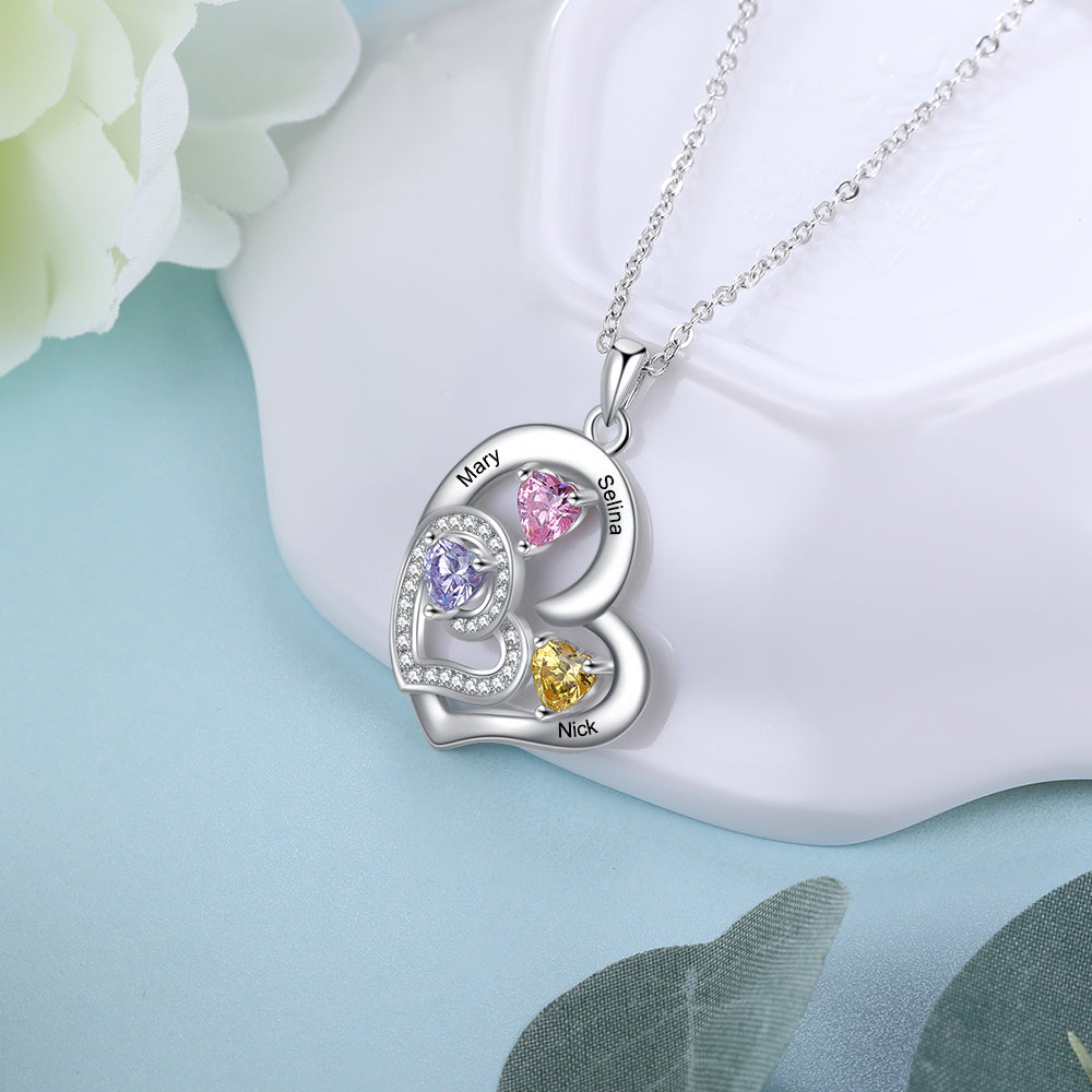 Custom Name Rhodium Plated Birthstone Heart Necklace with personalized name and heart design.