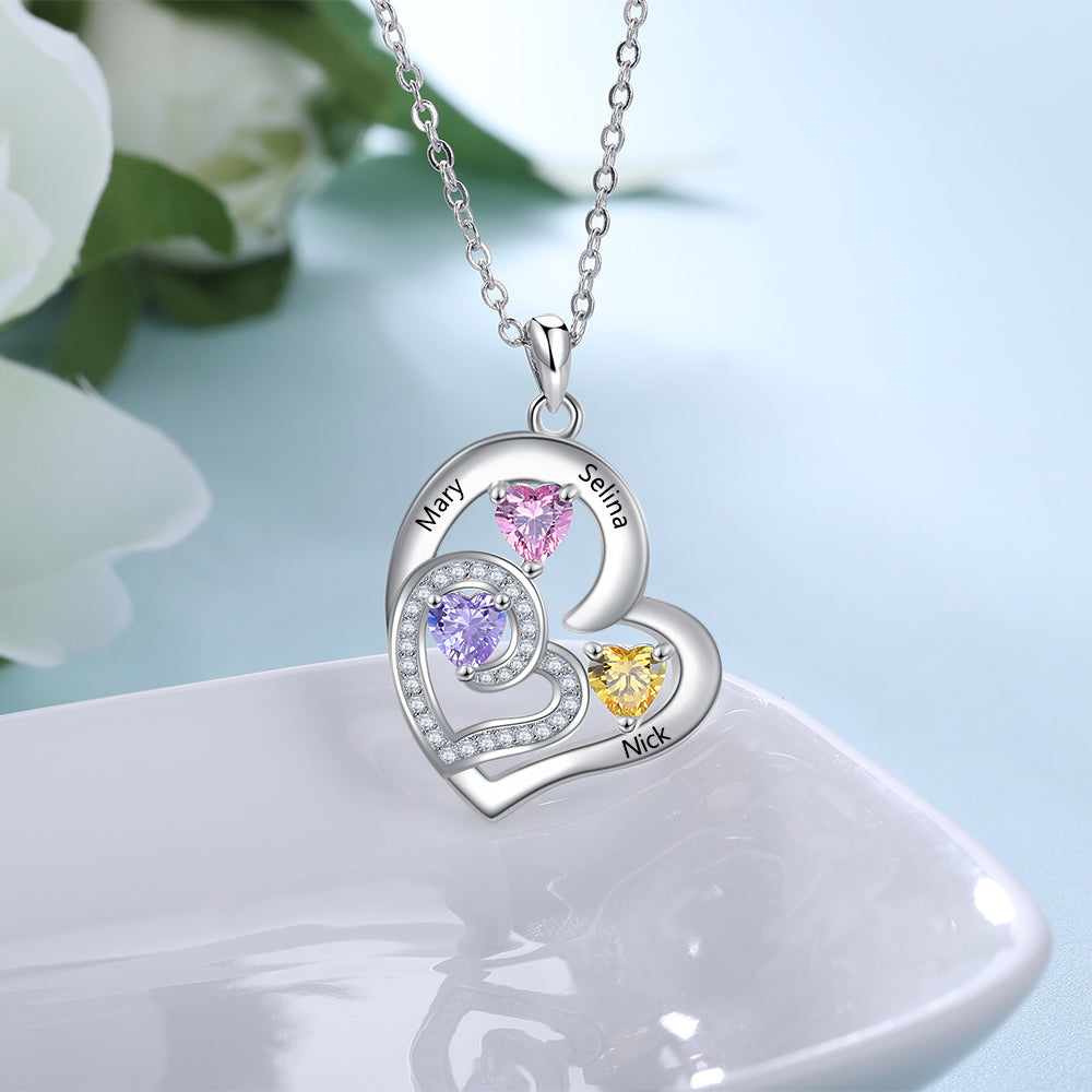 Custom Name Rhodium Plated Birthstone Heart Necklace with personalized name and heart design.