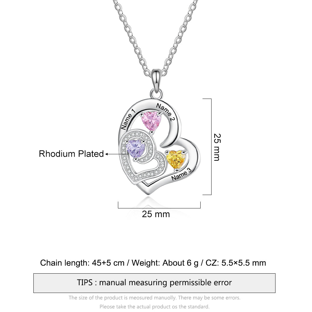 Custom Name Rhodium Plated Birthstone Heart Necklace with personalized name and heart design.