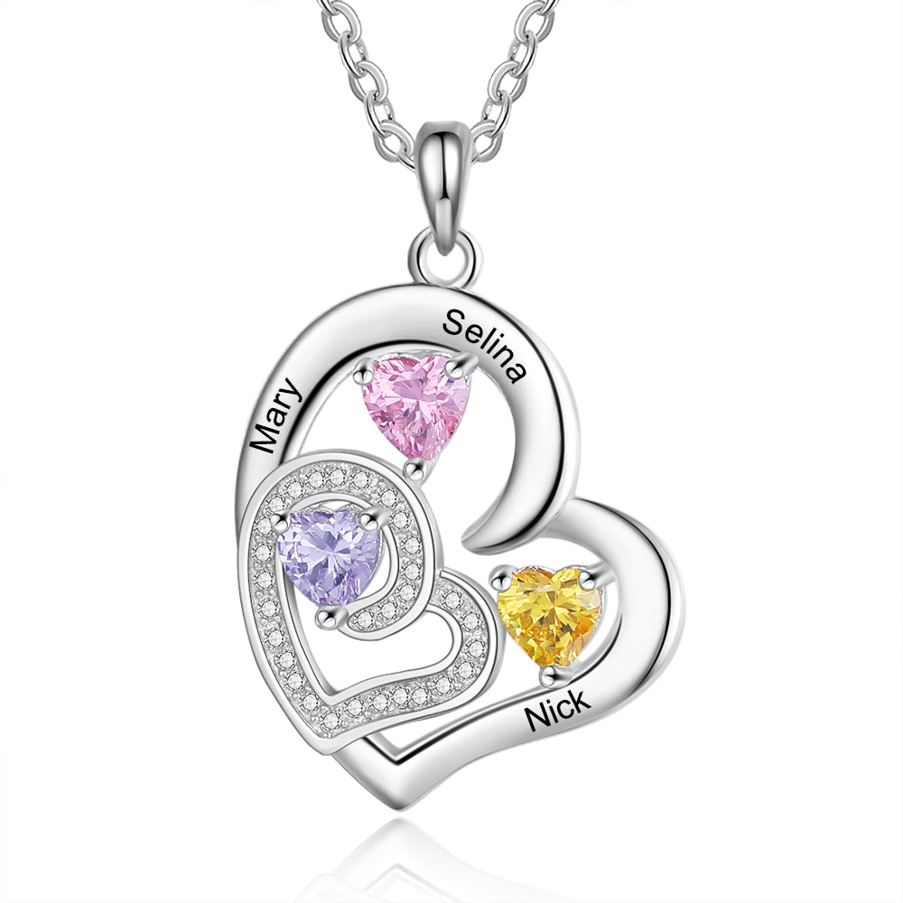 Custom Name Rhodium Plated Birthstone Heart Necklace with personalized name and heart design.