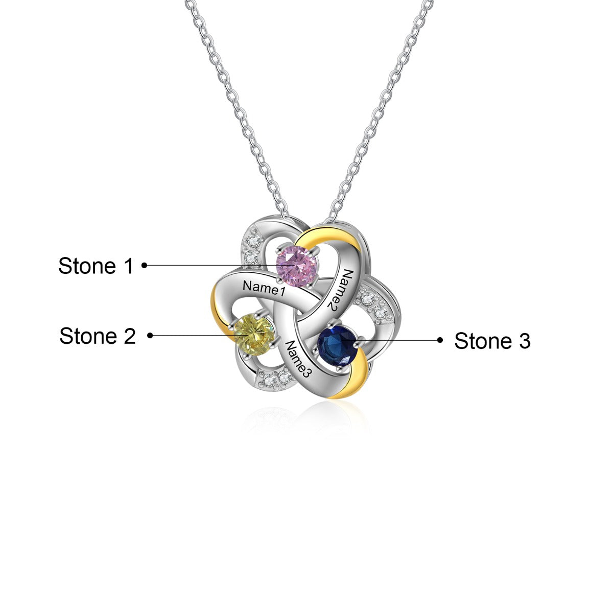 Custom Name Rhodium Plated Flower Shape Pendant Necklace with personalized name feature, showcasing its elegant design and craftsmanship.