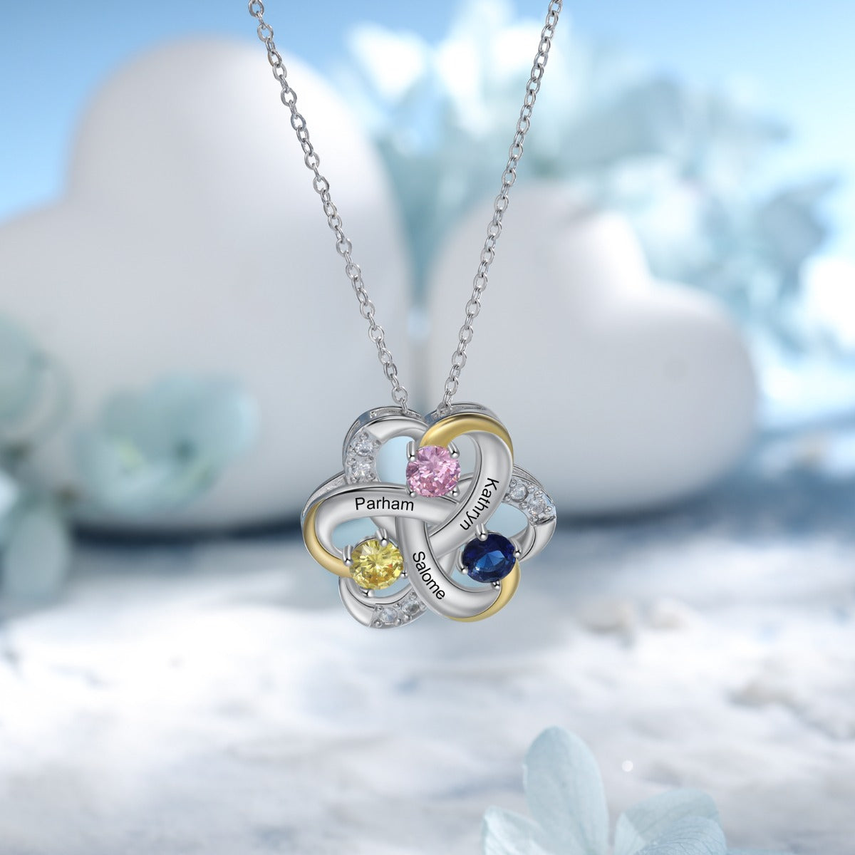 Custom Name Rhodium Plated Flower Shape Pendant Necklace with personalized name feature, showcasing its elegant design and craftsmanship.