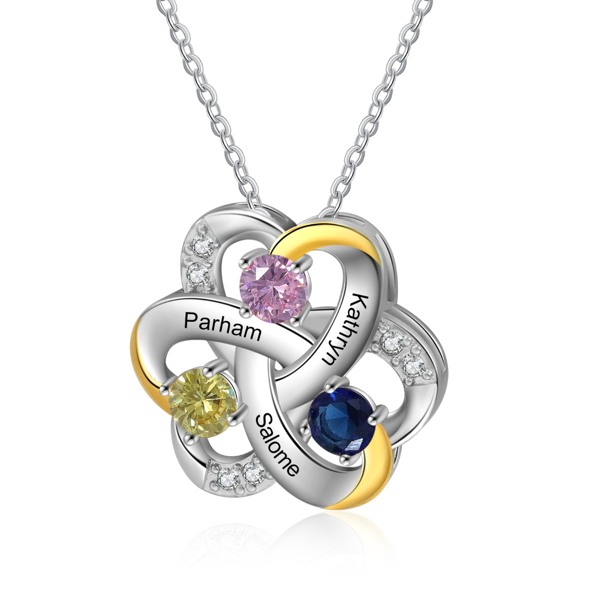 Custom Name Rhodium Plated Flower Shape Pendant Necklace with personalized name feature, showcasing its elegant design and craftsmanship.