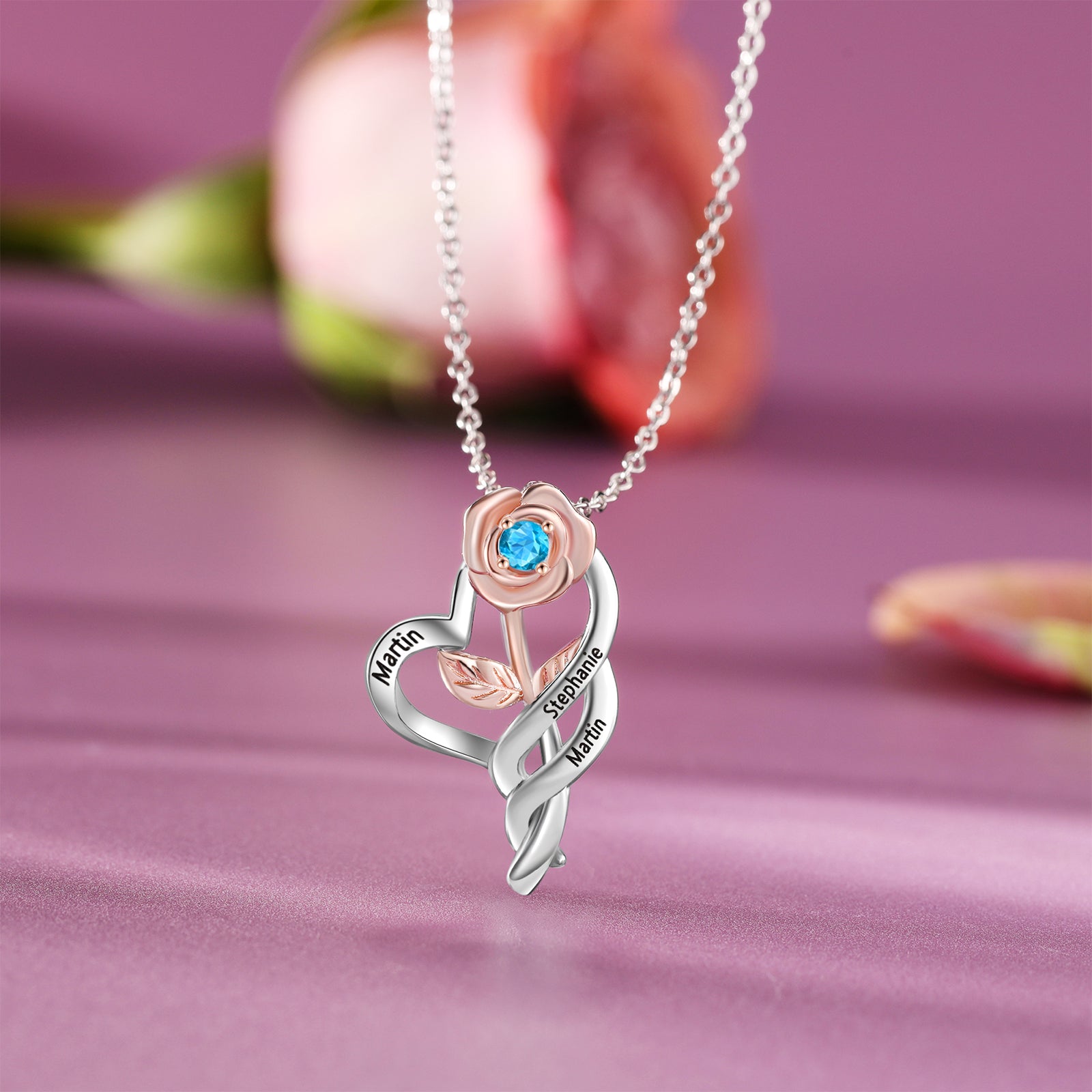 Custom Name Rose Flower Heart Necklace made of tarnish-resistant copper, featuring a beautiful rose design.