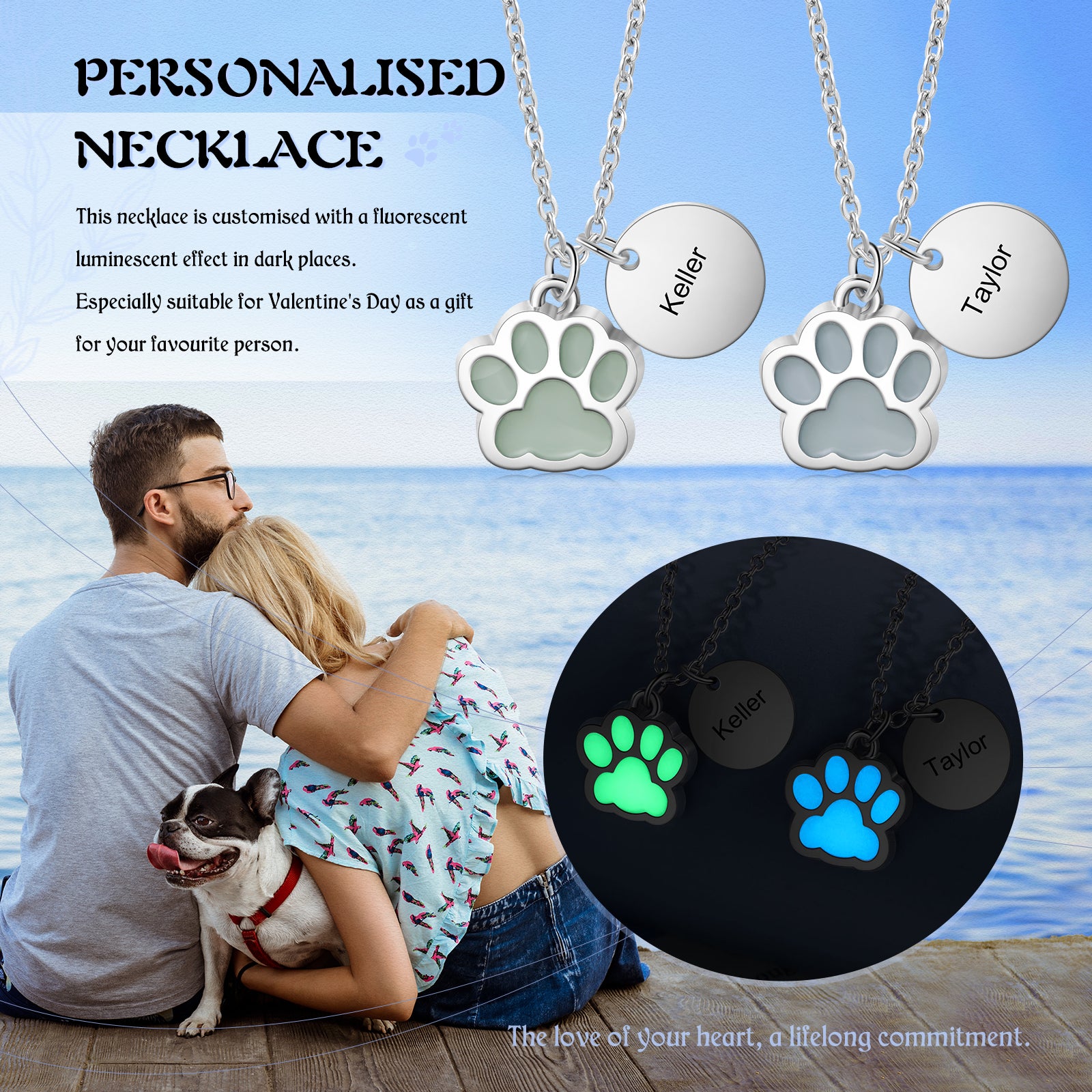 Custom Name Stainless Steel Luminous Necklace with personalized name charm, adjustable chain, and luminous finish.