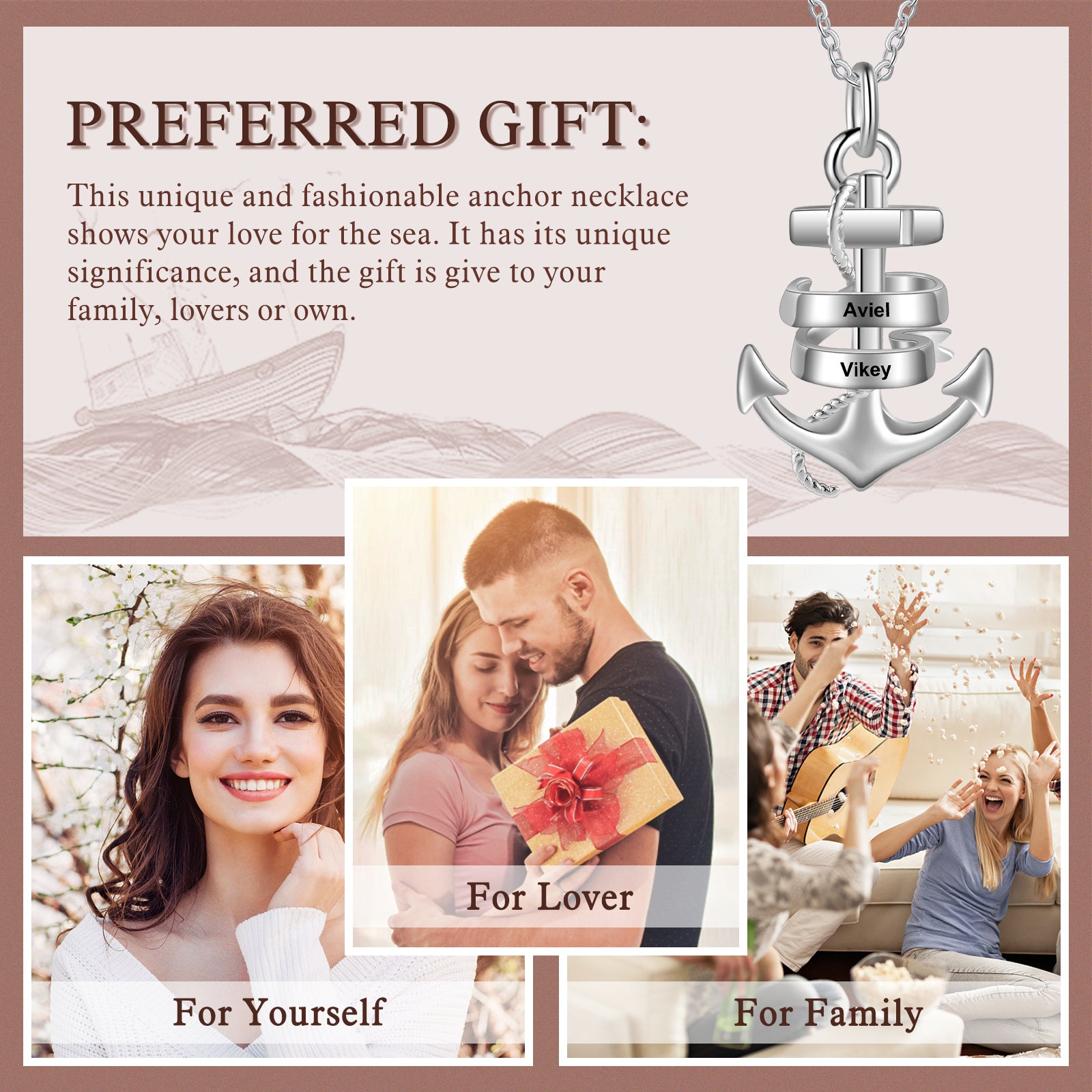 Custom Name With Anchor Necklace made of tarnish-resistant copper, featuring an elegant anchor design and adjustable length.