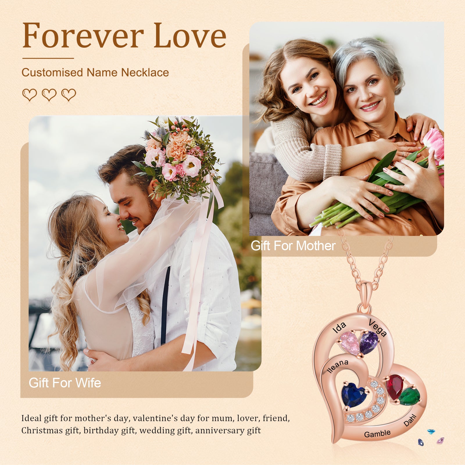 Custom Name With Birthstone Heart Necklace featuring a heart-shaped pendant and personalized name, crafted from tarnish-resistant copper.